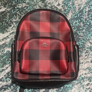Coach Men's Red and Black Plaid Backpack